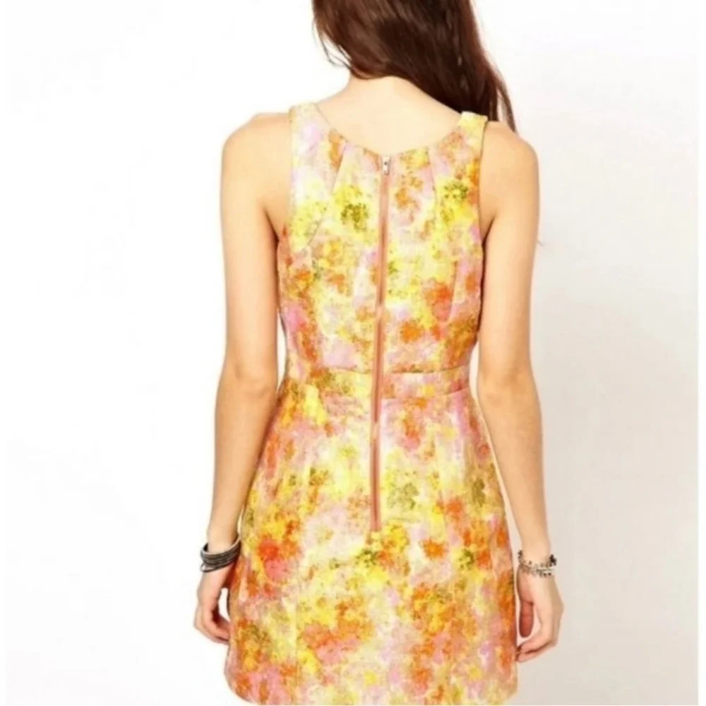 Free People Gold Brocade Metallic Floral Jacquard Mini Dress Sleeveless Back Zip